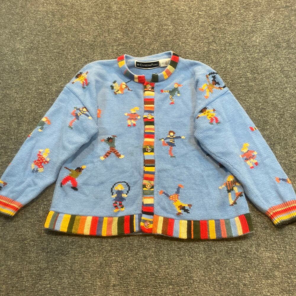 Vintage Christine Foley Blue Cotton Cardigan Embroidered Kids Playing Size 7/8
